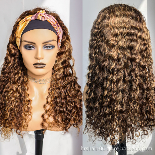 Drop Shipping 100% Virgin Brazilian Human Hair Headband Wigs Cheap Wholesale Deep Wave Highlight Ombre P4/27 Color No Lace Wigs